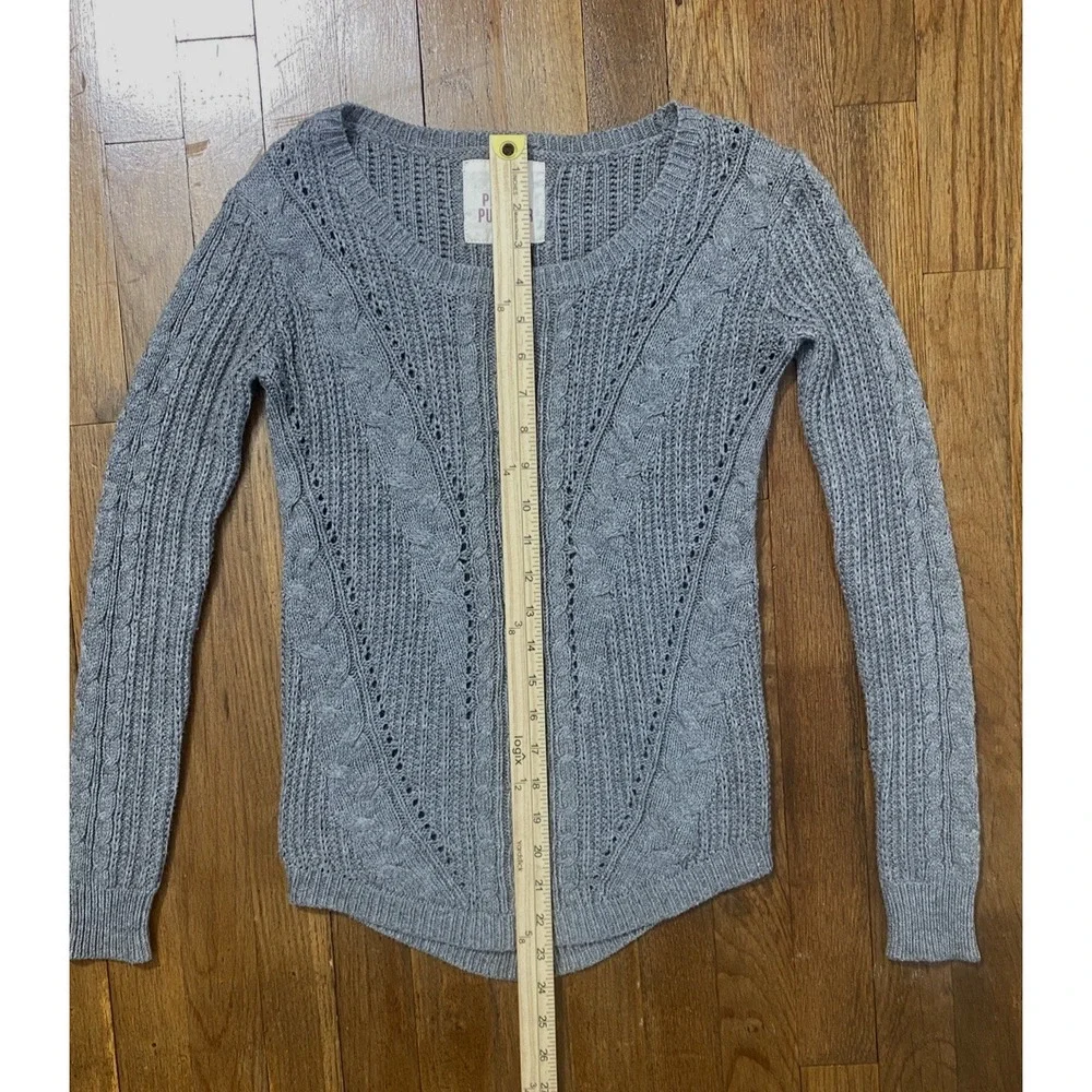 Womens Gray Cable Knit Sweater Long Sleeve Scoop Neck Soft Pullover Cozy Knit